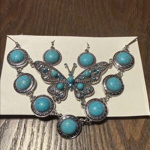 Turquoise Butterfly Statement Necklace and Earring Set - Women Jewelry